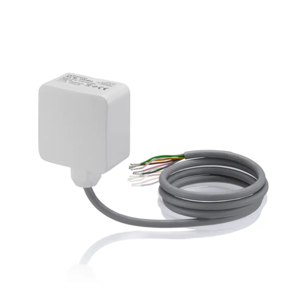 Oventrop Sensor mit grauem Kabel und mehreren Adern, montiert auf einem weißen Gehäuse. Der Sensor dient zur Überwachung von Taupunkten.